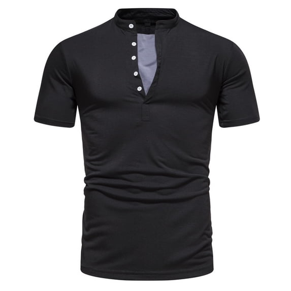 VSSSJ Standing Collar T-shirt for Men Plus Size Short Sleeve V-Neck Button Fashion Casual Solid Color Shirt Comfy Daily Sports Tee Black XL