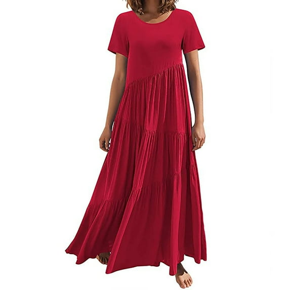 VSSSJ Summer Dresses for Women Casual Loose Solid Color Short Sleeve Crewneck Maxi Dress Asymmetric Tiered Pleated Ruffle Edge Beach Long Dress