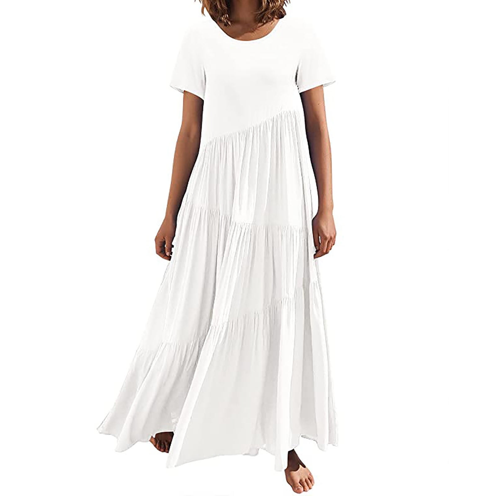 VSSSJ Summer Dresses for Women Casual Loose Solid Color Short Sleeve Crewneck Maxi Dress Asymmetric Tiered Pleated Ruffle Edge Beach Long Dress - Walmart.com VSSSJ Summer Dresses for Women Casual Loose Solid Color Short Sleeve Crewneck Maxi Dress Asymmetric Tiered Pleated Ruffle Edge Beach Long Dress - Walmart.com