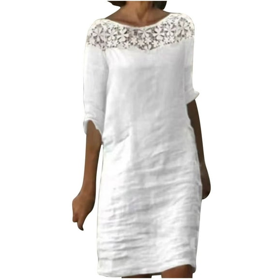 VSSSJ Summer Dresses for Women Casual Short Sleeve Lace Round Neck Solid Color Cotton Linen Loose Fit Knee Length Beach Sundress White M