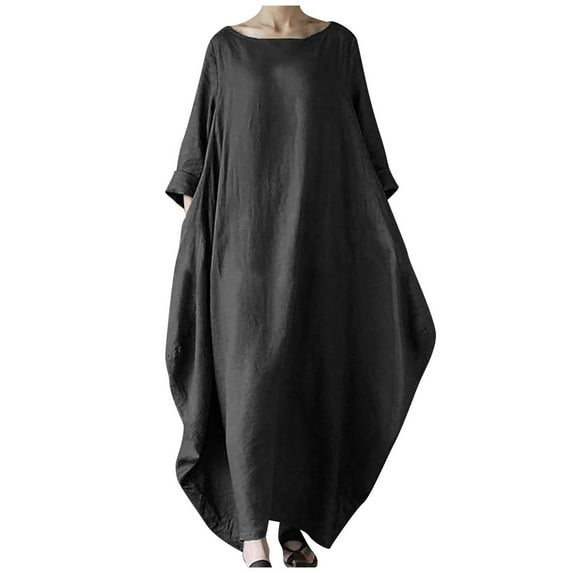 VSSSJ Summer Dresses for Women Plus Size Casual Cotton Linen Dress Solid Color Round Neck Long Sleeve Loose Swing Maxi Shirt Dress Black XXXXXL