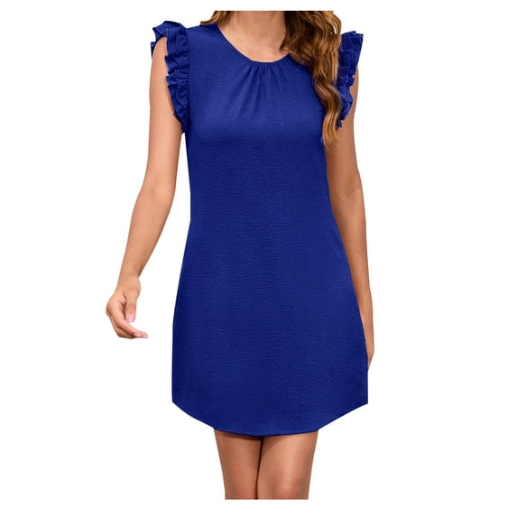 VSSSJ Summer Mini Dresses for Women Ruffle Crew Neck Ruched A-Line Short Dress Vacation Casual Sleeveless Loose Solid Color Dress