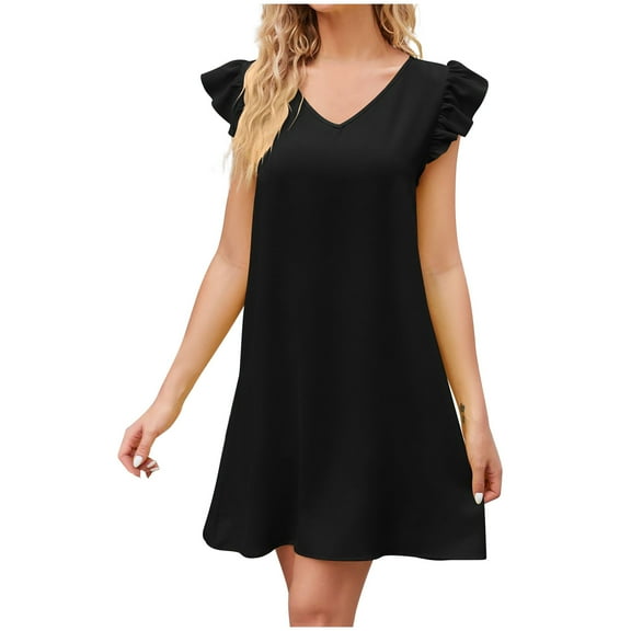 VSSSJ Summer Mini Dresses for Women Ruffle Short Sleeve Solid Color V Neck A Line Loose Dress Casual Knee Length Short Vacation Dress
