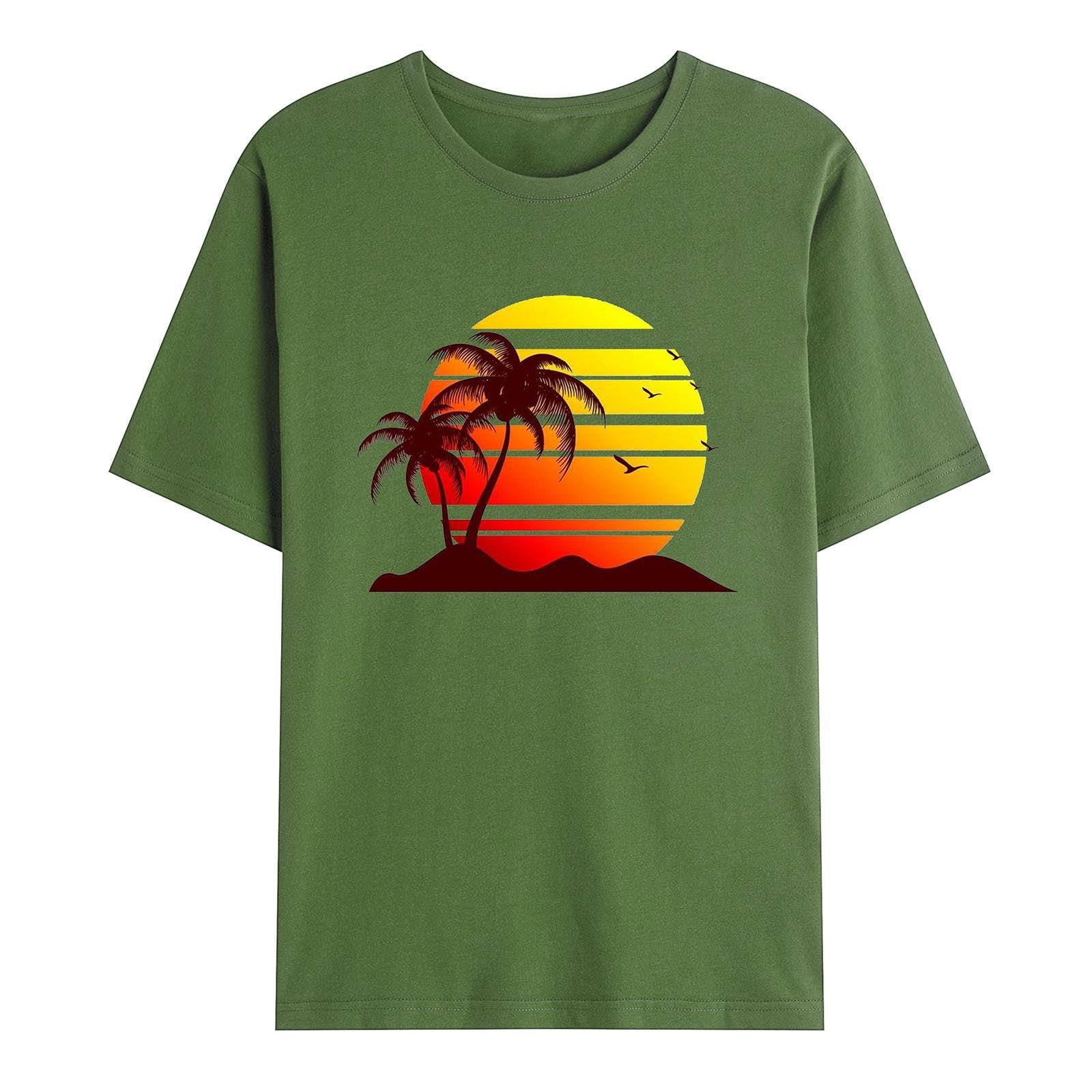 VSSSJ Sunset Print Pullover Shirts for Men Relaxed Fit Short Sleeve  Crewneck Palmshadow Graphic Tees Casual Holiday Beach Breathable Top Army  Green XL