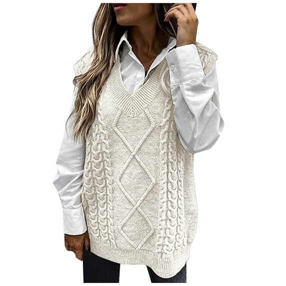VSSSJ Sweater Vest for Women Chunky Cable Knit V Neck Oversized Sweaters Casual Solid Color Loose Sleeveless Pullover Tank Tops White M