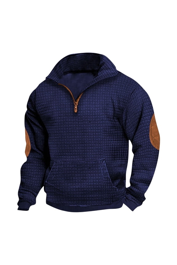 Sweatshirts for Men 1/4 Zip Stand Collar Loose Vintage Pullover Solid Color Waffle Long Sleeve Casual Zipper Sweater Top Navy XXL