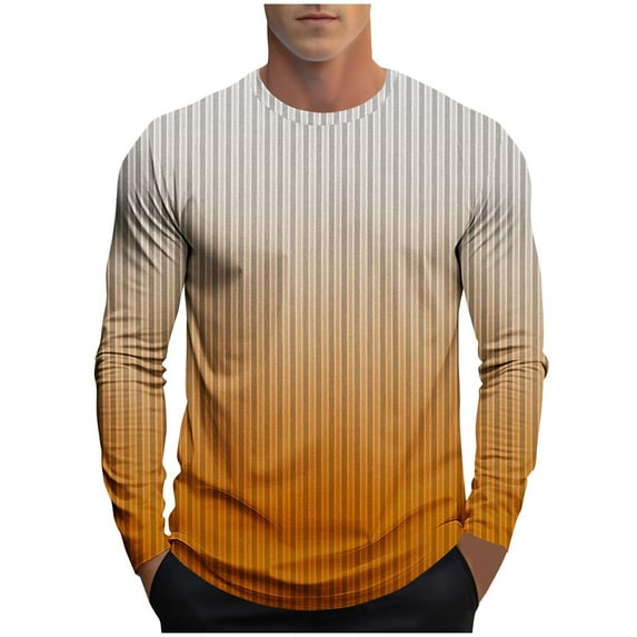 VSSSJ T-Shirts for Men Long Sleeve Stylish Casual Gradient Striped Print Tops Soft Breathable Crew Neck Mens Tshirts Full Sleeve Tees Orange XL