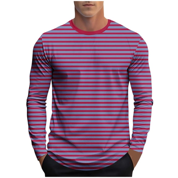 VSSSJ T-Shirts for Men Relaxed Fit Striped Print Crewneck Tops Long Sleeve Lightweight Soft Comfortable Trendy Casual Tee Shirt Hot Pink XL