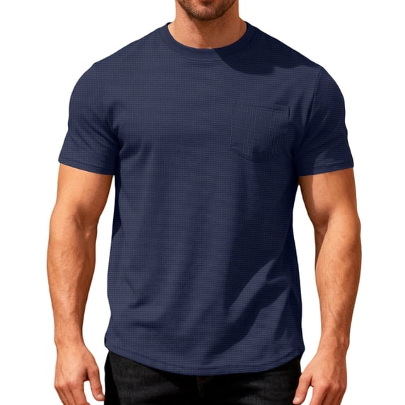 VSSSJ T-Shirts for Men Short Sleeve Pocket Casual Breathable Tee Shirt Waffle Crew Neck Loose Solid Color Summer Basic Tops Shirts Navy XXL