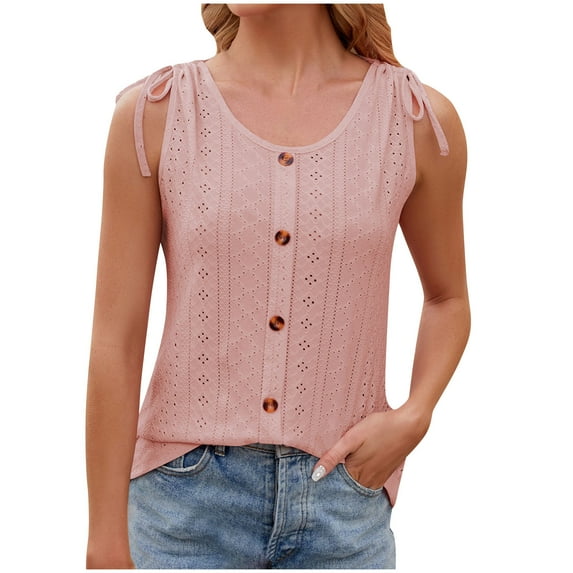 VSSSJ Tank Tops for Women Button Down Casual Eyelet Solid Color Loose Sleeveless Shirts Tops Loose Drawstring Lace-Up Round Neck Comfy Breathable Vest Pink XL