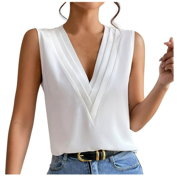 VSSSJ Tank Tops for Women Casual Dressy Multi-level V-Neck Sleeveless Satin Basic Pullover Shirts Solid Color Comfortable Loose Office Summer Vest Tops White XXL