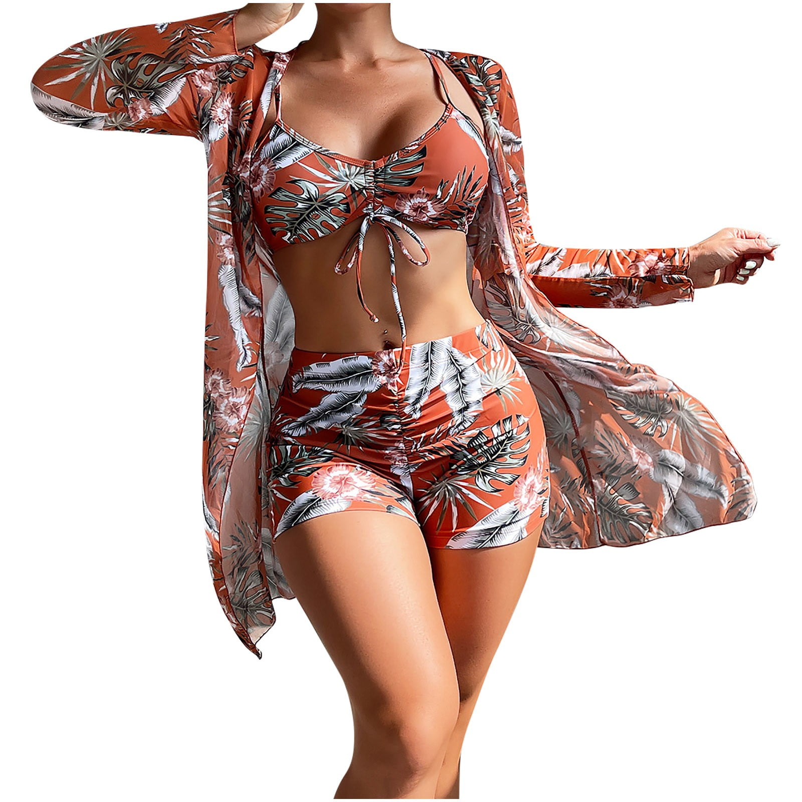 VSSSJ Three Piece Swimsuits for Women Floral Printed Drawstring Sling Bikini  Set High Waist Tummy Control Beachwear Long Sleeve Cover Ups Bathing Suits  