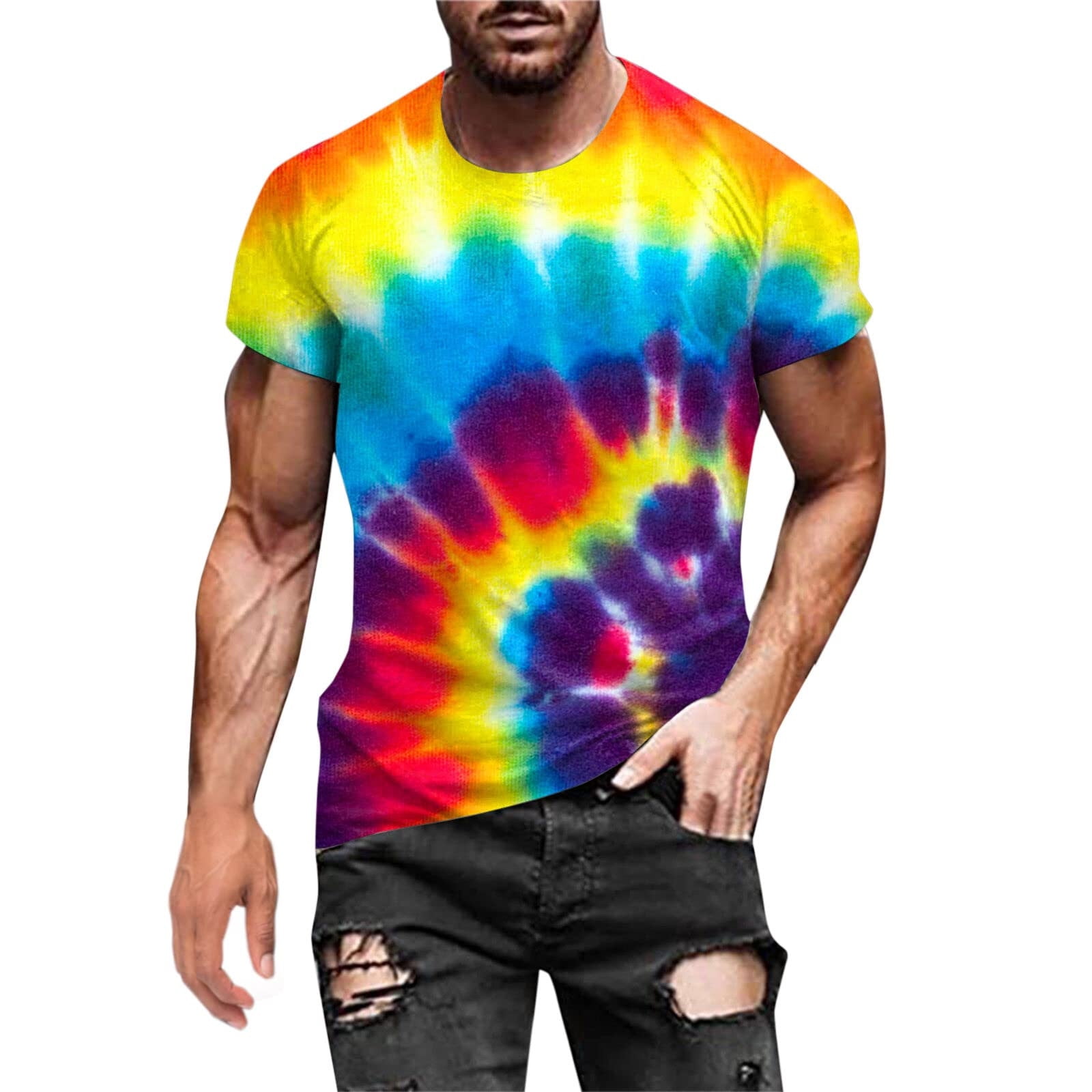 VSSSJ Tie Dye Shirts for Men Big and Tall Short Sleeve Rainbow Print Casual  Round Neck Tops Daily Athletic Stretch Reversible Shirts Multicolor M