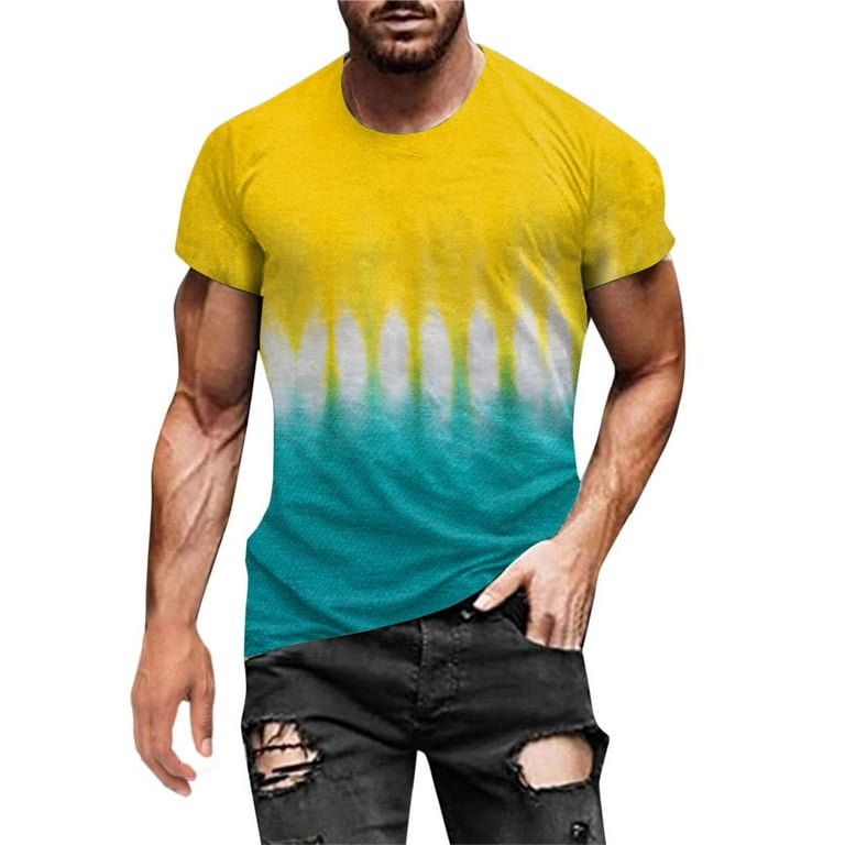 VSSSJ Tie Dye Shirts for Men Big and Tall Short Sleeve Rainbow Print Casual  Round Neck Tops Daily Athletic Stretch Reversible Shirts Yellow XL