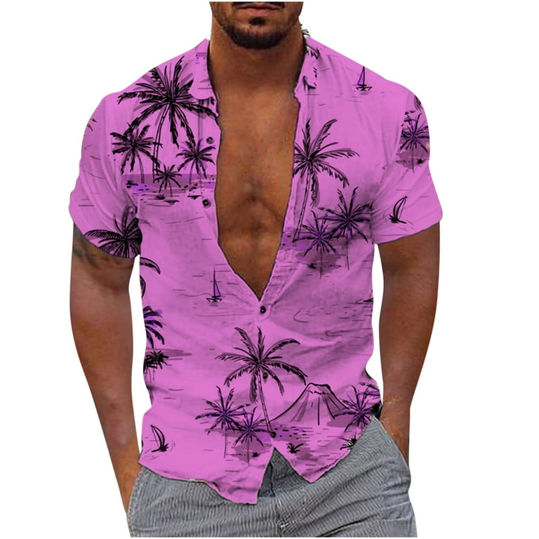 VSSSJ Hawaiian Shirt for Men Loose Fit Short Sleeve Floral Printing Casual  Button Down Tshirts Summer Beach Tropical Style Shirts Pink XL