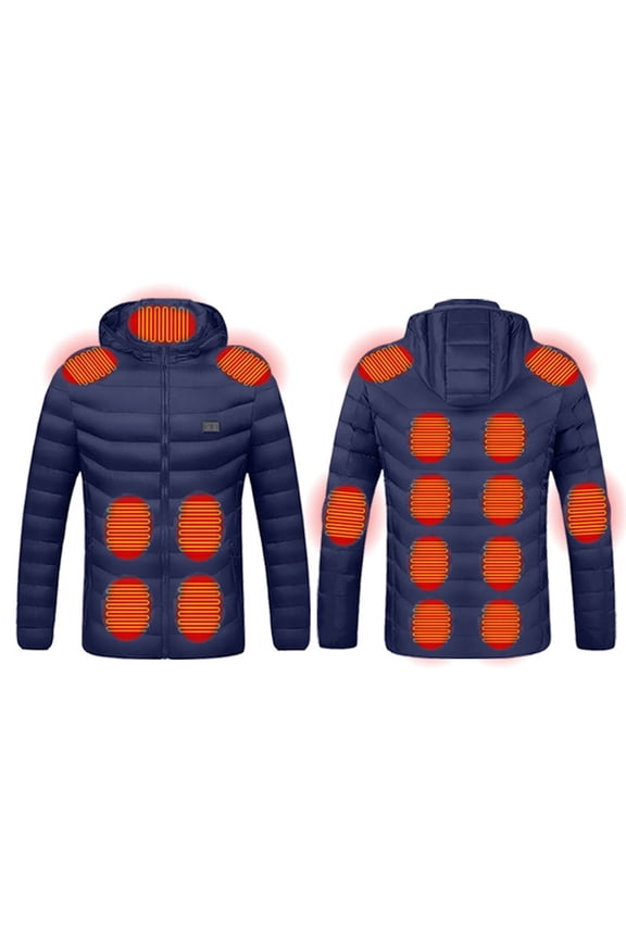 Unisex Casual Zip Up Heated Coats Big and Tall Solid Color Long Sleeve Padded Jacket Smart Double Control Seventeen Heating Zones USB Charging Vest Blue L