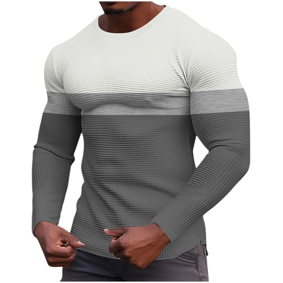 VSSSJ Waffle Shirts for Men Crew Neck Striped Color Block Long Sleeve Thermal Casual Pullover Underwear Stretch Textured Knit Tops Gray XXL