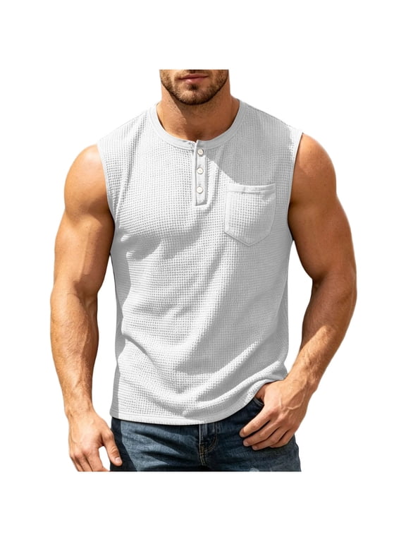 Waffle Tank Top for Men Casual Button Up Sleeveless Textured Henley Shirt Crewneck Workout Running Muscle Cut Off Summer Tops White XXXL