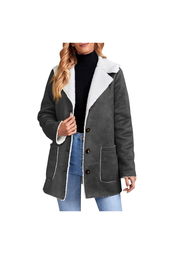 Winter Coat for Women Warm Single Breasted Faux Suede Coats Mid-Thigh Fleece Lined Notched Lapel Collar Pockets Plush Thicken Jackets Outerwear Dark Gray L
