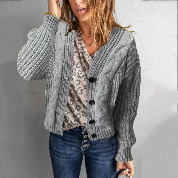 VSSSJ Women Button Down Long Sleeve Cardigan Sweater Open Front Casual Solid Color V Neck Chunky Cable Knit Short Sweater Outwear Gray L
