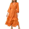 thumbnail image 1 of VSSSJ Women Button Down Puff Long Sleeve Split Shirt Midi Dress V Neck Solid Color Flowy Tiered Ruffle Hem Swing A-Line Long Dress Orange M, 1 of 7