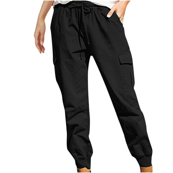 VSSSJ Women Casual Cargo Pants Plus Size Solid Color Drawstring Elastic Waist Multi-Pockets Trousers Fashion Lighweight Workout Pants Black XXL