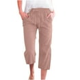 thumbnail image 1 of VSSSJ Women Casual Cotton and Linen Pants Relaxed Fit Solid Color Elastic Waist Drawstring Straight Seven Point Pants Fashion Comfy Wide Leg Pants with Pockets Rose Gold S, 1 of 5