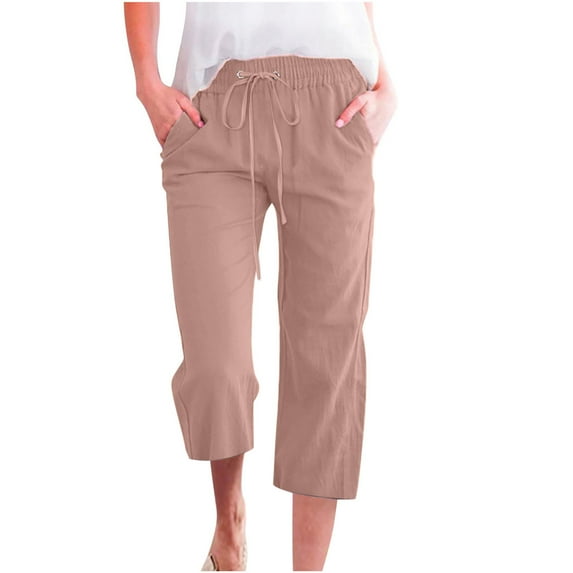 VSSSJ Women Casual Cotton and Linen Pants Relaxed Fit Solid Color Elastic Waist Drawstring Straight Seven Point Pants Fashion Comfy Wide Leg Pants with Pockets Rose Gold S