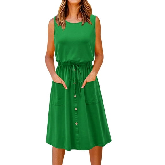 VSSSJ Women Casual Crewneck Sleeveless Tank Dresses Summer Drawstring Waist Buttons Solid Color Daily Loose Dress with Pockets Green L