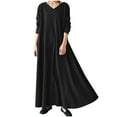 thumbnail image 1 of VSSSJ Women Casual Dresses Long Sleeve V Neck Loose Fit Fall Winter Solid Color Comfy Daily Vacation Swing Basic Maxi Long Dress Black M, 1 of 8