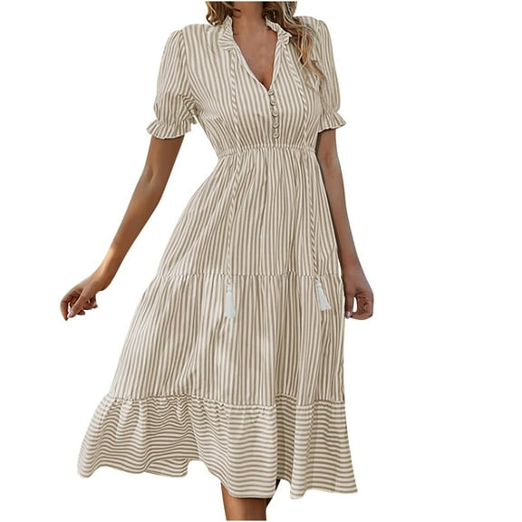VSSSJ Women Casual Dresses Summer Striped Printed Puff Short Sleeve V-Neck Ruffle Button Front High Waist Tiered Swing Slim Midi Dress