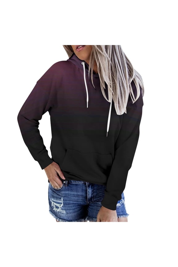 Women Casual Hoodies Gradient Printed Loose Crew Neck Pullover Tops Long Sleeve Drawstring Hooded Sweatshirt with Pockets Wine XL