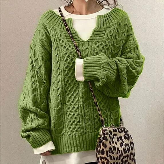 VSSSJ Women Casual Long Sleeve Chunky Cable Knit Oversized Sweaters Solid Color Loose Fit V Neck Fall Winter Warm Pullover Sweater Green M