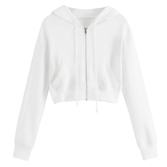 VSSSJ Women Casual Zip Up Hoodie Solid Color Lightweight Crewneck Workout Crop Tops Long Sleeves Drawstring Pocket Cropped Sweatshirts White S