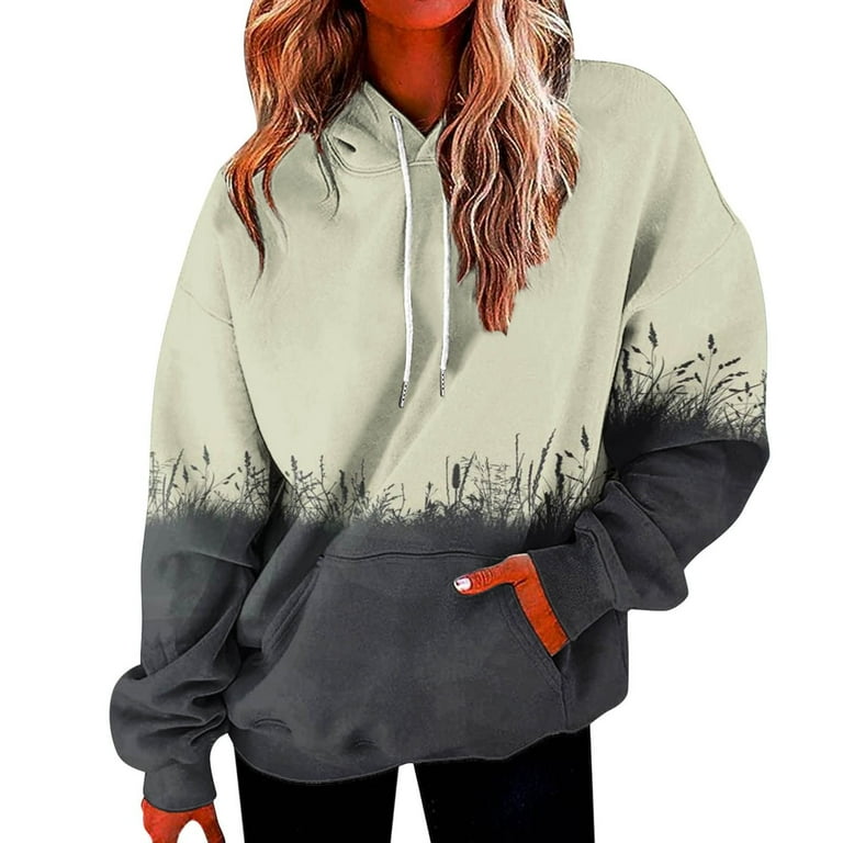 VSSSJ Women Color Block Oversized Hoodies Long Sleeve Casual Pullover Tops Relaxed Fit Crew Neck Hooded Sweatshirt with Pockets Dark Gray L