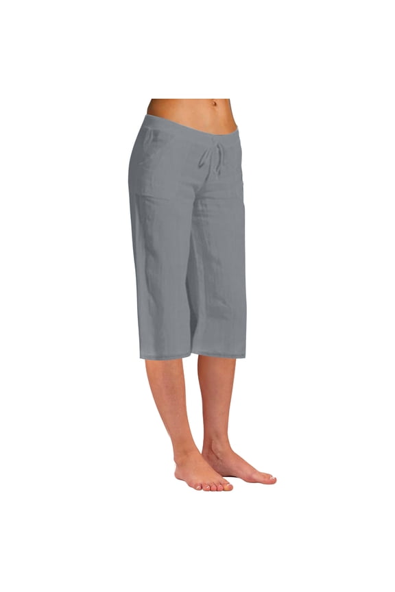 Women Cotton and Linen Capris Pants Loose Fit Elastic Waist Solid Color Drawstring Straight Pants Casual Fashion Summer Breathable Pants Gray XXL