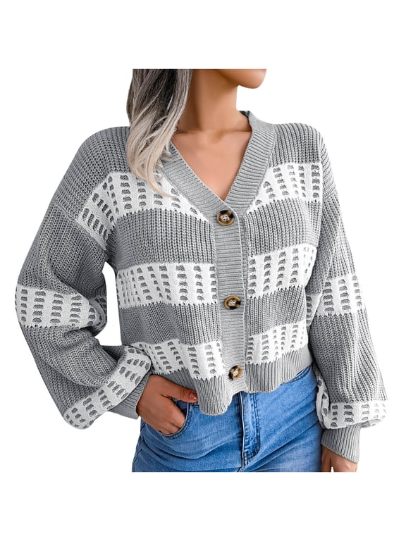 Women Fall Winter Casual Color-Block Open Front Cropped Cardigan Button Down Lantern Long Sleeve Draped Warm Sweater Coat Gray S