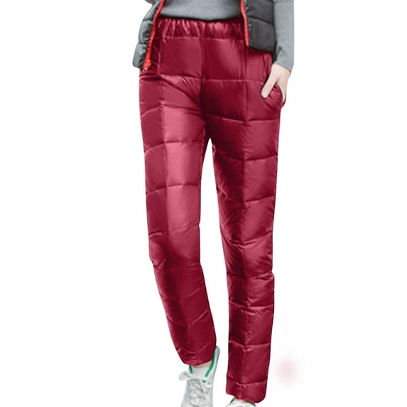 VSSSJ Women Fall Winter Down Pants Plus Size Solid Color High Waist Straight Long Pants with Pocket Casual Thermal Windproof Trousers Red XXXXL