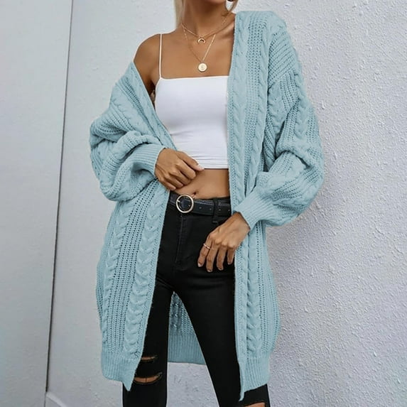 VSSSJ Women Fall Winter Open Front Long Sleeve Cardigan Sweater Chunky Cable Knit Casual Loose Solid Color V Neck Warm Sweater Coat Sky Blue S