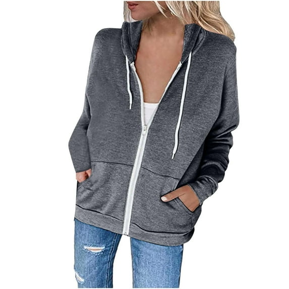 VSSSJ Women Full Zip Up Long Sleeve Slim Hooded Sweatshirt Fall Winter Fleece Comfy Casual Trendy Solid Color Outerwear with Pockets Gray XL