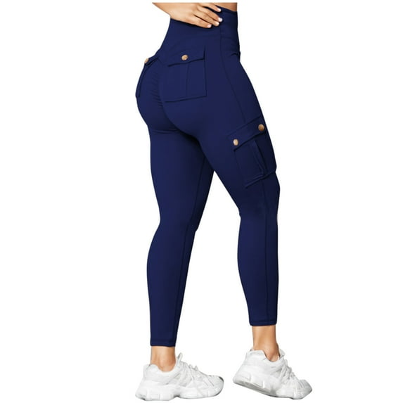 VSSSJ Women High Waist Yoga Pants Regular Fit Solid Color Butt Lifting Cargo Pants with Multi-Pocket Casual Gym Workout Running Leggings Dark Blue L