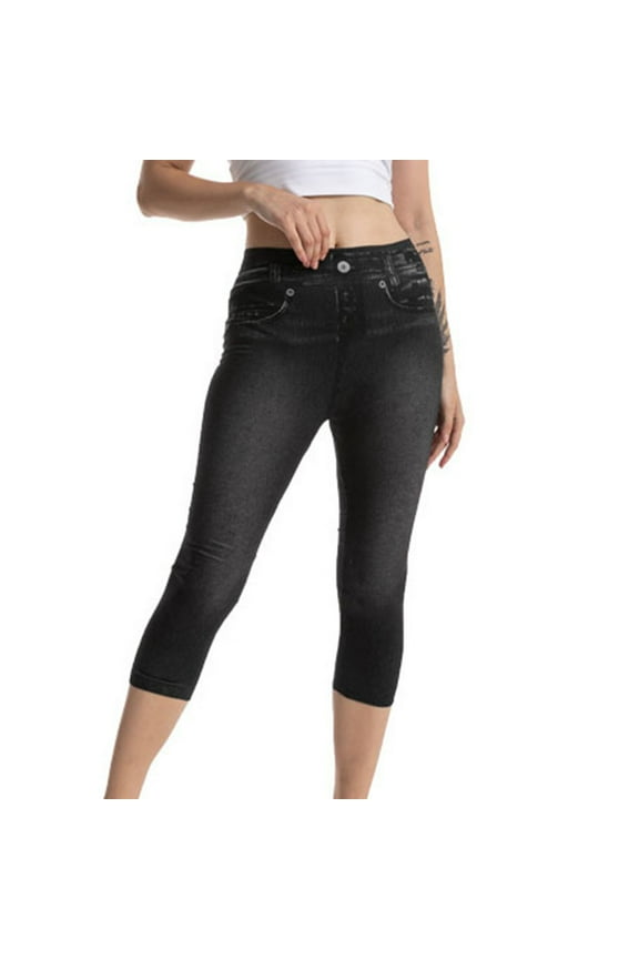 Women Imitation Cowboy Print Leggings Slim Fit High Waist Hip Lifting Seven Point Pants Fashion High Stretchy Comfortable Yoga Pants Black L