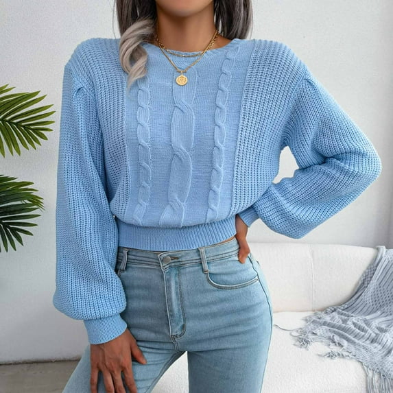 VSSSJ Women Lantern Long Sleeve Casual Tunic Cropped Cable Knit Sweaters Solid Color Pullover Crew Neck Loose Cozy Crop Sweater Blue L