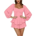 thumbnail image 1 of VSSSJ Women Lantern Long Sleeve Tunic Tie Bowknot Back Mini Babydoll Dresses Ruched Square Neck Solid Color Tiered Ruffle Dress Pink S, 1 of 6