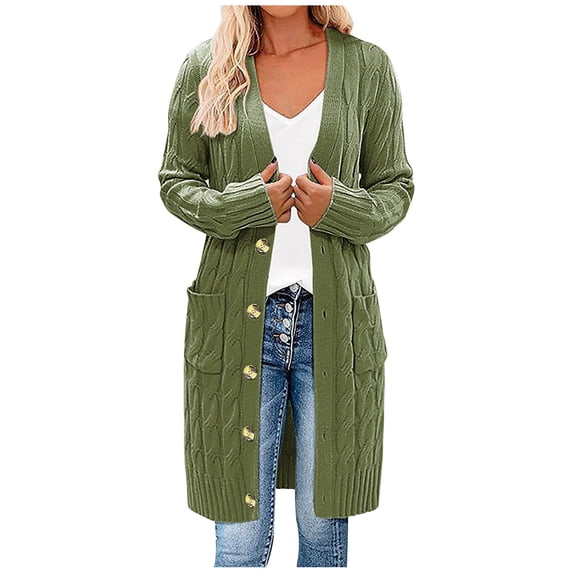 VSSSJ Women Long Sleeve Cable Knit Button Down Cardigan Casual Pure Color Open Front Soft Drape Long Sweater Outwear with Pockets Army Green L