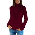 thumbnail image 1 of VSSSJ Women Long Sleeve Cable Knit Pullover Sweaters Turtleneck Solid Color Casual Basic Fall Winter Slim Fit Jumper Sweater Tops Wine XL, 1 of 5