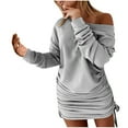 thumbnail image 1 of VSSSJ Women Long Sleeve Crew Neck Bodycon Ruched Dresses Casual Pullover Drawstring Tie Solid Color Short Mini Sweatshirt Dress Gray L, 1 of 9