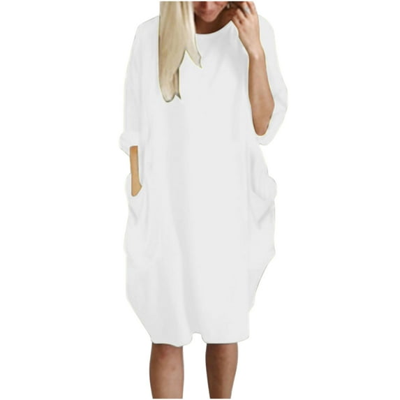 VSSSJ Women Long Sleeve Crew Neck Casual Loose Pullover Short Dresses Solid Color Knee Length Basic Sweatshirt Dress with Pockets White XXXL