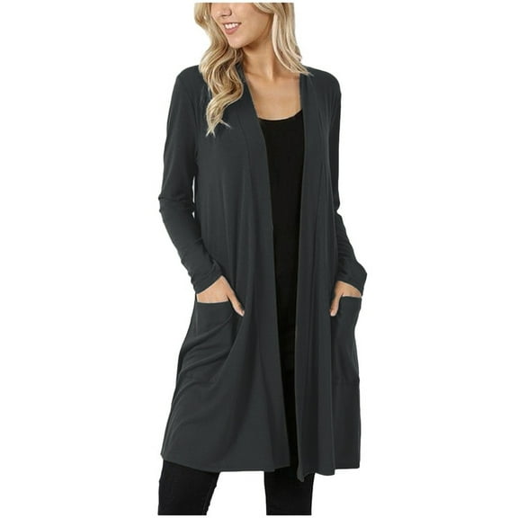 VSSSJ Women Long Sleeve Open Front Loose Casual Cardigans Classic Solid Color Soft Draped Shrug Midi Outwear Coat with Pockets Gray M