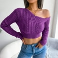 thumbnail image 1 of VSSSJ Women Off Shoulder Cropped Sweaters Long Sleeve Cable Knit Slim Pullover Solid Color Trendy Casual Crop Jumper Sweater Tops Purple L, 1 of 7